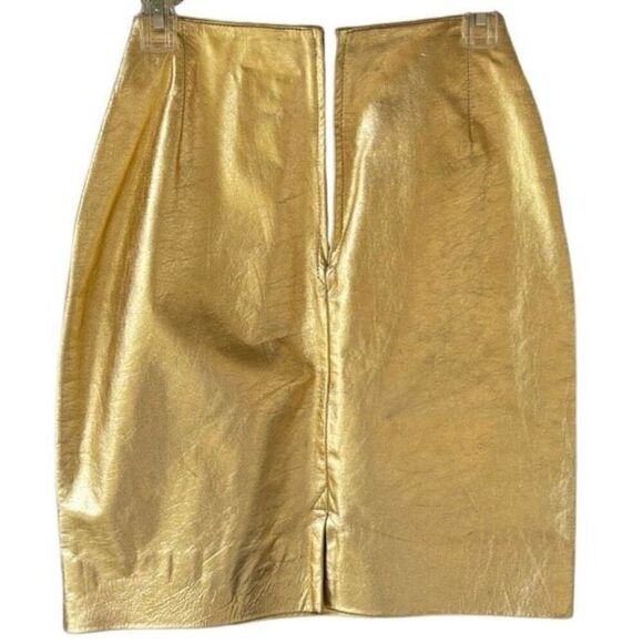 Vintage Genuine Leather Arrow Metallic Gold Pencil Skirt Pleated Back Slip Zip - Picture 4 of 8
